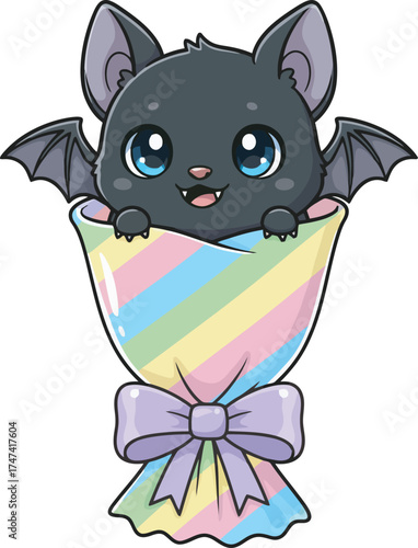 A cute cartoon bat peeks out from a colorful, wrapped bouquet, smiling.