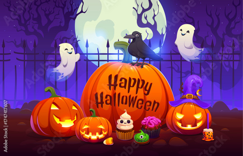 Halloween banner with funny ghosts, carved jack o lantern pumpkin, holiday sweets and abandoned enchanted cemetery landscape. Happy Halloween vector banner with greeting carving on pumpkin lantern