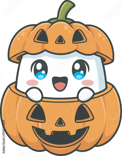 Adorable cartoon marshmallow character peeking out from inside a carved Halloween pumpkin with a smiling face.