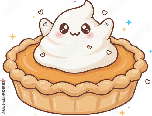 Cute cartoon pumpkin pie with kawaii whipped cream ghost character, surrounded by sparkling stars and hearts.