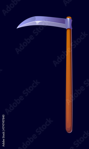Cartoon Halloween traditional reaper scythe with shiny silver blade and sturdy wooden shaft. Vector grim reaper tool with sharp blade, symbol of death. Scythe magic weapon, fantasy or exotic object
