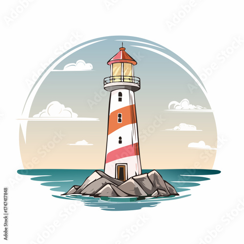 Coastal lighthouse on rocky outcrop with cloudy sky