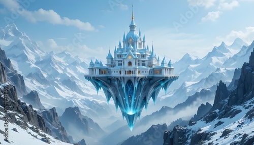 A grand crystal palace floating above snowy peaks