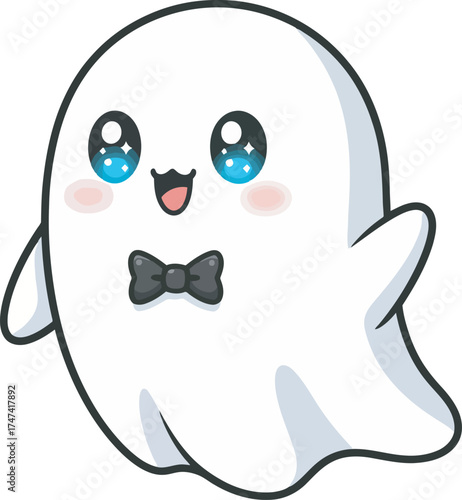 A cartoon ghost with blue eyes and a bow tie, smiling happily.