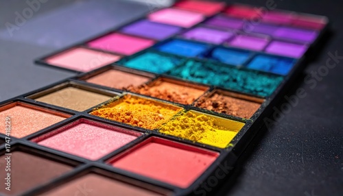 Colorful makeup palette, showcasing a diverse array of eyeshadow colors and textures arranged in a neat, orderly fashion, with a dark, blurred background enhancing the vibrancy and focus on the...