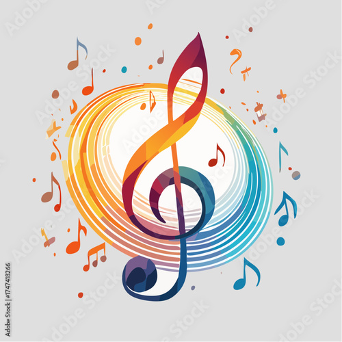 Music treble clef with colorful swirls and notes