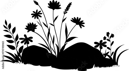 A black silhouette of various wildflowers and grasses growing among rocks on a white background.