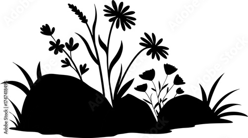 A black silhouette of various wildflowers and grasses growing among rounded rocks on a white background.