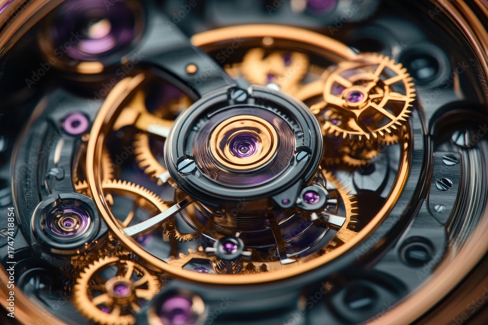 custom made wallpaper toronto digitalClose-up of intricate mechanical watch movement showing golden gears, purple jewel bearings, and metal components with high precision and detail