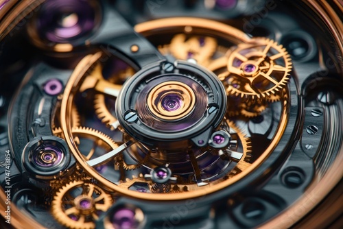 Wallpaper Mural Close-up of intricate mechanical watch movement showing golden gears, purple jewel bearings, and metal components with high precision and detail Torontodigital.ca