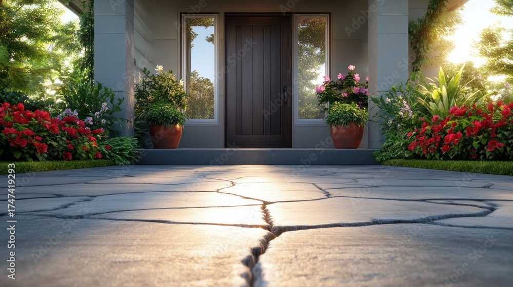 Naklejka premium Front view of a modern house entrance with large wooden door, flanked by windows, potted plants, and vibrant red and pink flowering bushes, with cracked stone pavement in sunlight