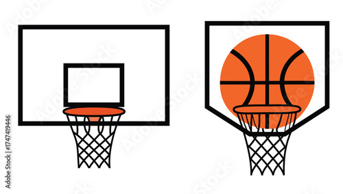 Two basketball backboards and nets with one showing a ball scoring a point in line art illustration style