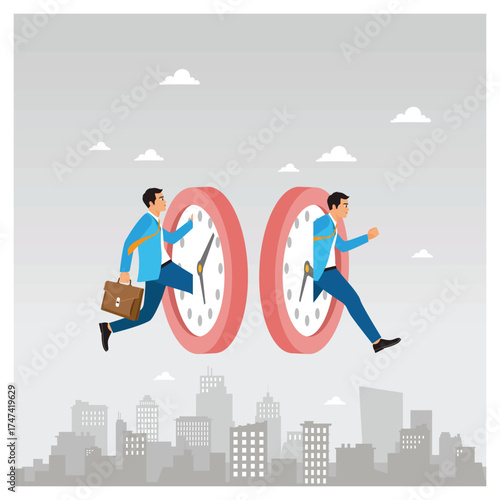 Businessman jump into a giant clock and travel into the future.