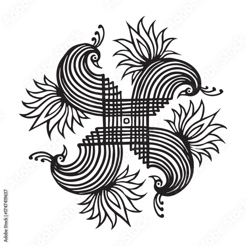 Swastika Kolam Design with Peacock and Floral Design