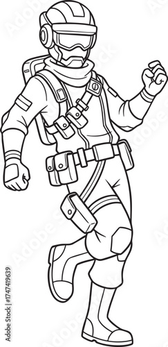Line art illustration of a futuristic soldier character in a running pose for coloring.