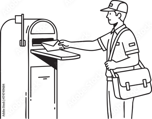 Line art illustration of a mail carrier in uniform posting a letter into a public mailbox.