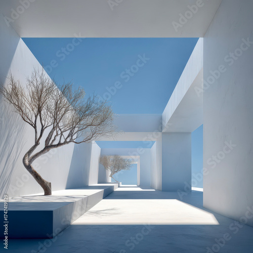 Modern architecture features minimal design and natural elements in a bright outdoor space