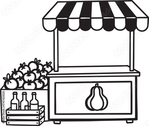 Simple line art illustration of a farmers market stall with a striped awning fruit and bottles.