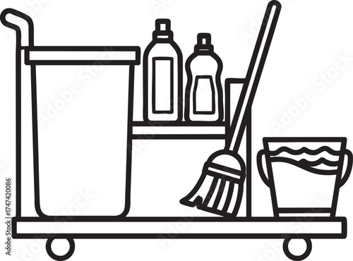 Simple line art illustration of a janitorial cleaning cart with a broom bucket and bottles.