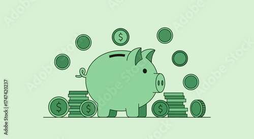 Green Piggy Bank with Dollar Coins Vector