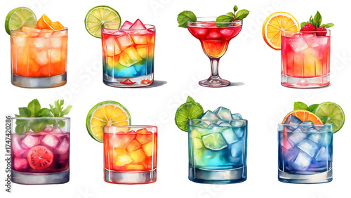 An assortment of vibrant and refreshing cocktails, meticulously garnished with citrus fruits and herbs, evoking a sense of luxury and zest for life, isolated on white background