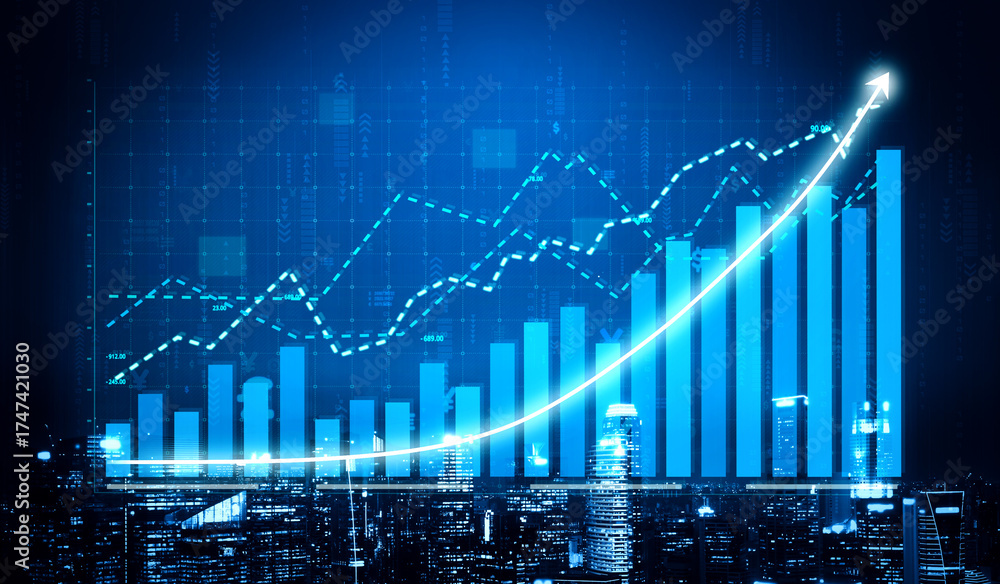 Naklejka premium A futuristic financial growth concept featuring bar graphs and line charts set against a city skyline, illustrating progress and success in business analytics. Impute