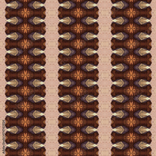 Seamless geometric, pattern, texture with rich brown symmetry and abstract stripe design, ideal for fabric, wallpaper, and art prints.

