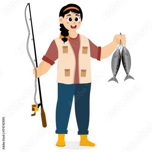 woman catches fish with fishing rod and feels happy. woman gets fish after fishing