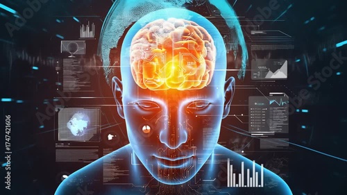 Digital human head with glowing brain and complex data interfaces symbolizing artificial intelligence and deep learning