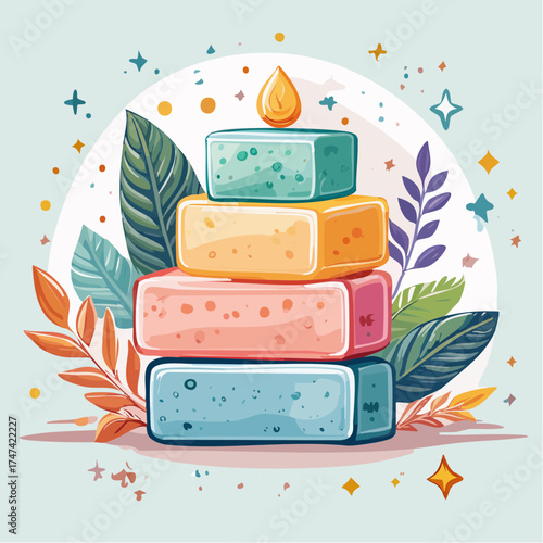 Stacked soaps with leaves and sparkles for natural skincare