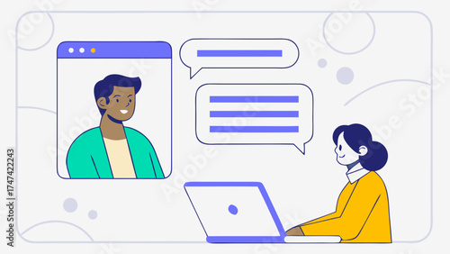 Vector cartoon illustration of business people and a businessman working at an office desk with a laptop, a computer, and social network
