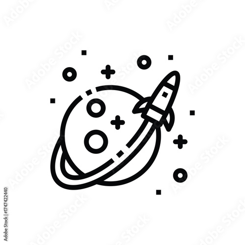 A blackandwhite line drawing features a planet with rings A rocket blasts off leaving a curved trail Symbols surround it
