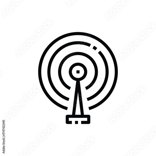 A blackandwhite line art depiction of a broadcasting antenna with concentric circles The antenna base is a rectangle