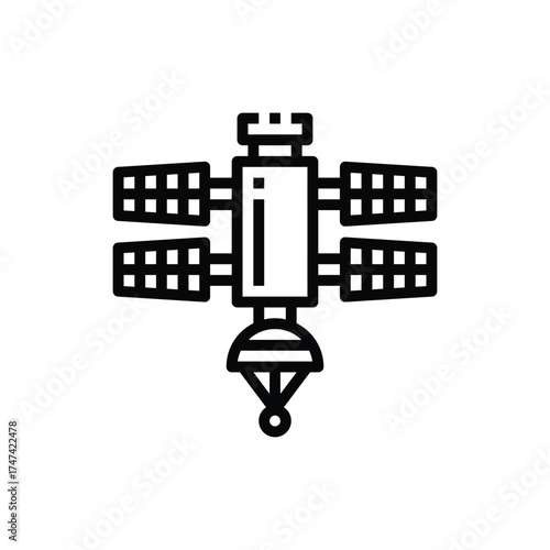 A blackandwhite satellite icon It features solar panels a central body and a lower antennalike structure
