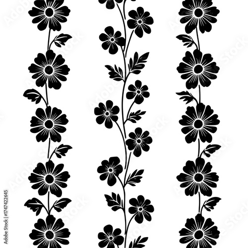 Black Floral Pattern with Curving Stems White Background