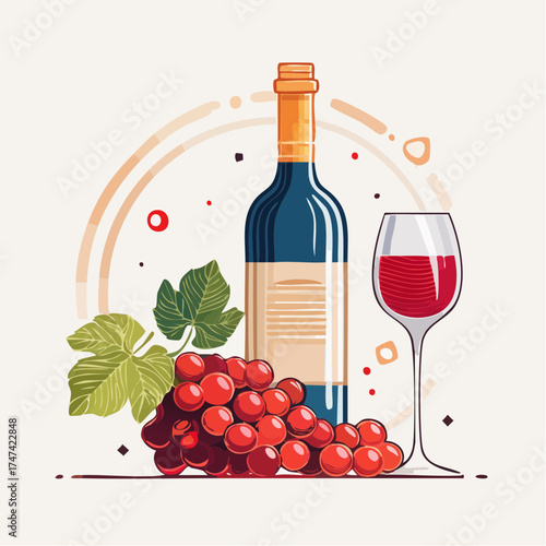 Red wine bottle grapes leaves still life