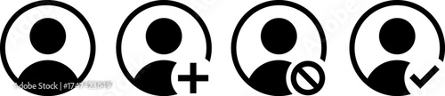 User profile icon set for account management actions, basic profile, add user, block user, and verified profile status, solid black fill, inside a circular outline, consistent UI design