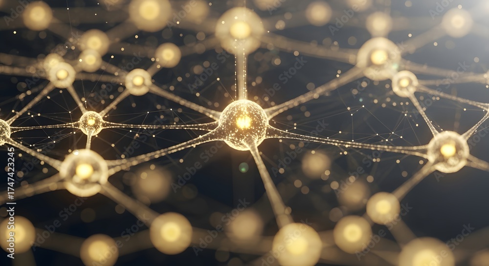 Obraz premium Network of interconnected structures: An intricate network of glowing spheres and connecting lines.