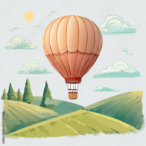 Hot air balloon over rolling hills landscape