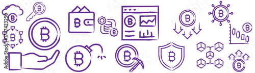 Cryptocurrency-related doodle icons set.