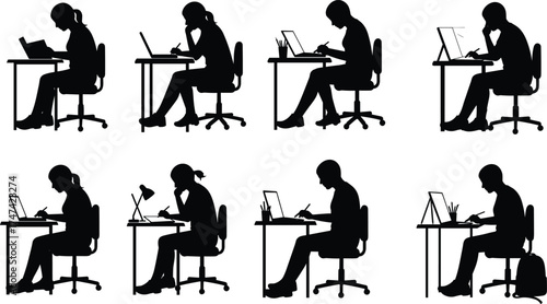 People working at desk silhouette collection, office study illustration with laptop and book, creative workspace, education and productivity concept
