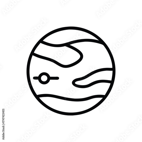A round planet icon with thick black lines The planet has internal curved shapes A line with a circle on one end and a small line is in front of the planet