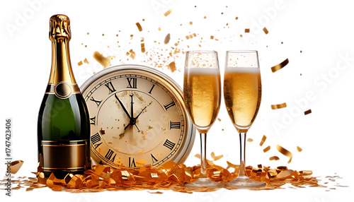 Festive new years eve celebration with champagne and clock isolated on white isolated on transparent background.