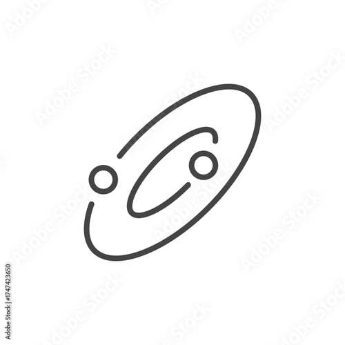 A dark gray outline depicting a planetary system Two small circles are outside the oval A curved line is within the oval