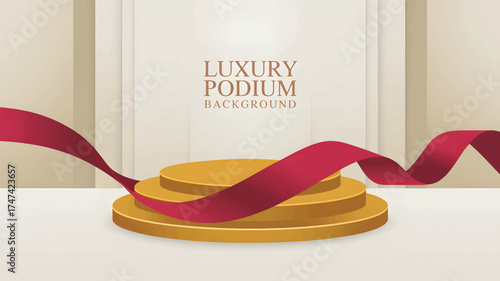 Golden tiered podium background with red ribbon and text stage