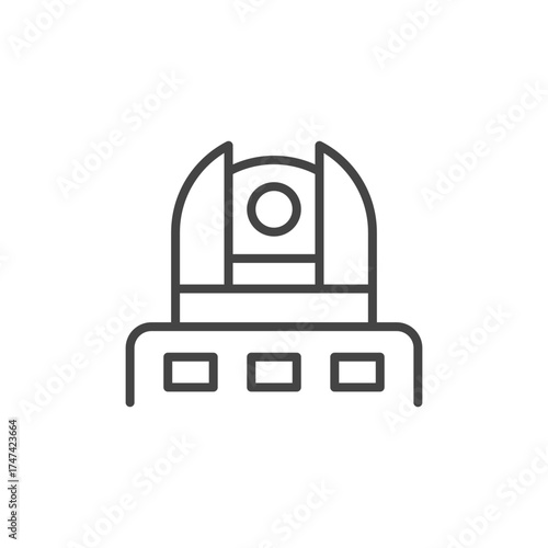 A graphic depicts a telescope observatory A dome sits above a rectangular base with three windows