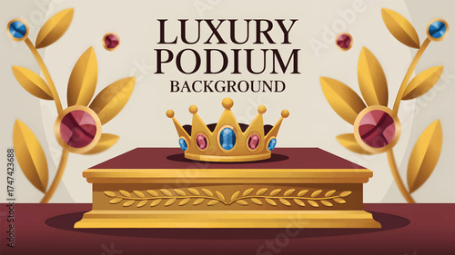 Golden Crown on Red Podium background with Ornate Gold Leaf Embellishments