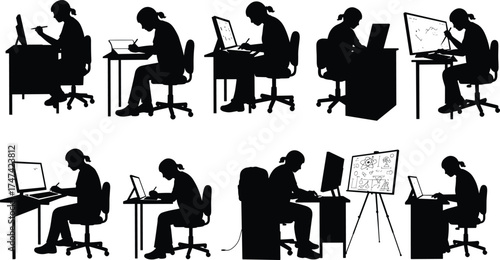 People working on computer silhouette collection, digital artist drawing on tablet, office work, design creativity, technology and education concept