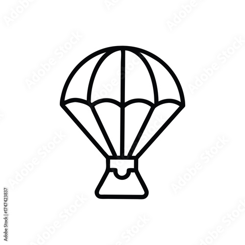 A linedrawn parachute with a curved canopy and a small attached platform The canopy has vertical lines and lines connecting to the platform