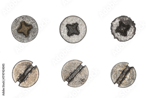 Used screw and bolt heads with signs of wear, scratches, dents, rust spots. Close-up view. Isolated on transparent background. Set 3.